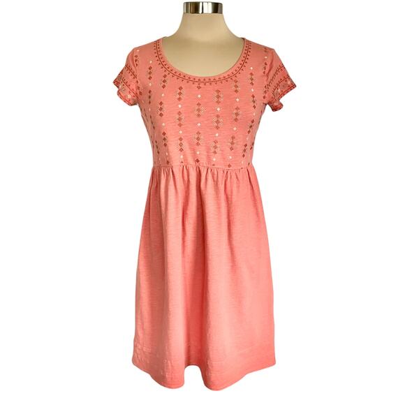 Garnet Hill Organic Cotton Coral Embroidered Knit Dress Size 4 Scoop Neck Spring - Picture 1 of 11